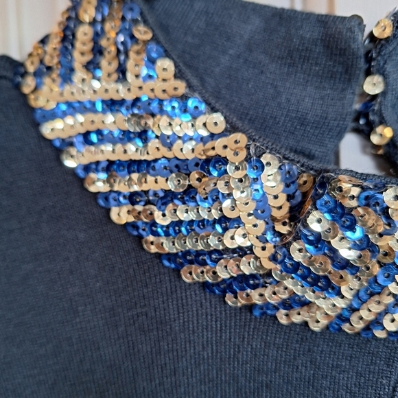 Venus Blue/Gold Sequin Collar Sweater SzL Long Sleeve Smooth Knit Classic - Picture 4 of 12